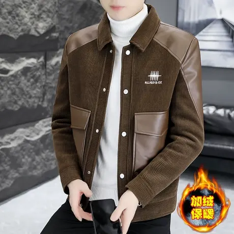 秋冬季时尚潮牌加绒加厚夹克男士高级感帅气潮流拼接冬装皮衣外套商品大图