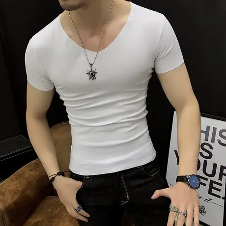 夏季男士冰丝无痕短袖T恤V领潮流修身青年运动健身汗衫上衣服男装商品大图