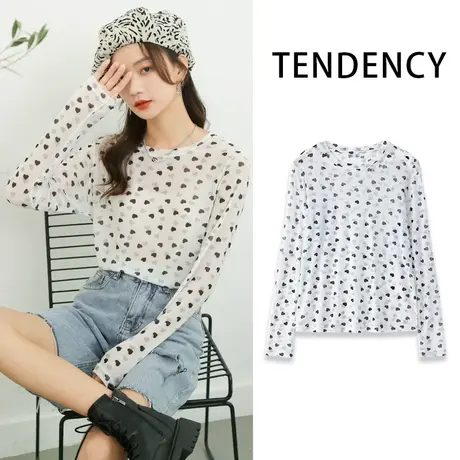 ZR真维斯网纱长袖t恤女2023春夏季 舒适简约波点法式打底衫上衣潮商品大图