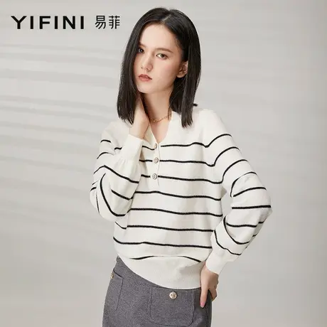 Yifini/易菲长袖V领条纹套头白色针织衫女士羊毛衫春秋新款毛衣商品大图