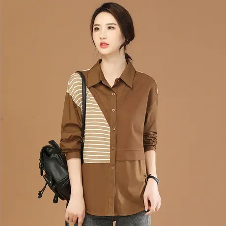 韩潮袭人宽松条纹拼接长袖衬衫女2023秋季新款设计感小众衬衣上衣图片