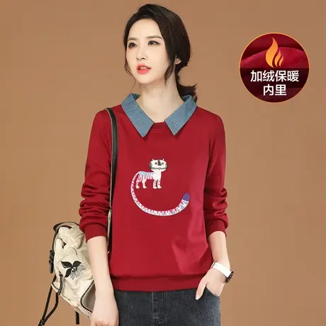韩潮袭人假两件刺绣加绒保暖套头卫衣女2023冬装新款休闲百搭上衣图片