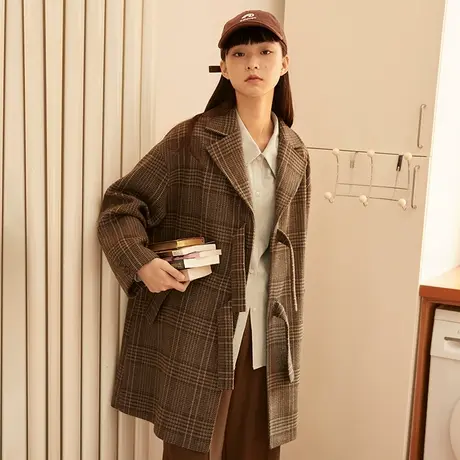 omont蛋挞家 复古翻领黑色毛呢大衣女秋冬中长款过膝宽松呢子外套商品大图