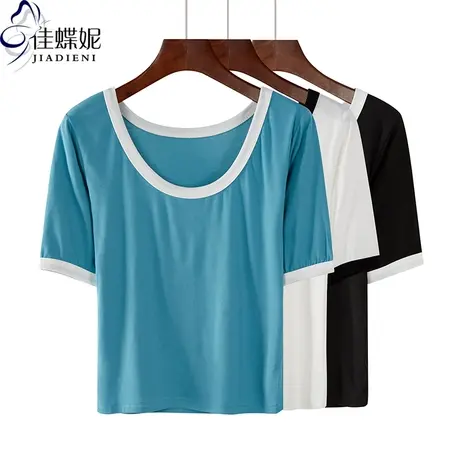 春夏新款纯棉圆领拼接纯色中袖体恤上衣内搭打底衫半袖短款修身女商品大图
