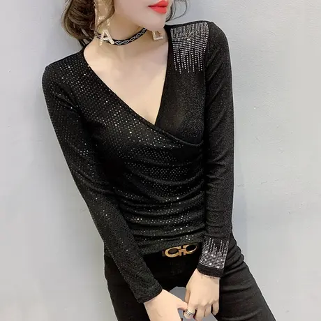 2024春秋新款欧货潮闪闪亮T恤女长袖性感V领洋气质上衣百搭打底衫商品大图