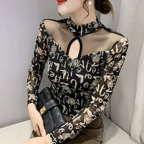 加绒加厚网纱打底衫女秋冬气质性感镂空上衣时尚烫钻印花T恤长袖商品大图