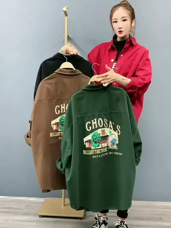 长袖时尚印花衬衫女2023春秋新款韩版宽松大码休闲百搭复古外套潮商品大图