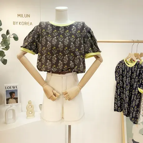 韩国东大门短袖女夏季小众设计感复古法式甜美泡泡袖上衣T恤清爽商品大图