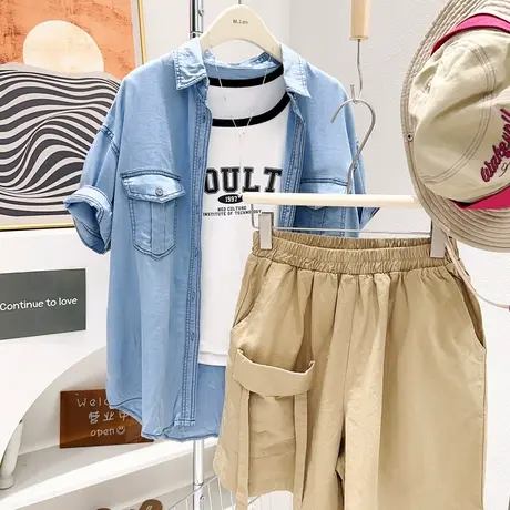 韩代款~2023夏季天丝牛仔衬衫短袖日系复古口袋软糯衬衣甜酷休闲图片