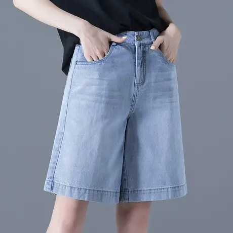 高腰牛仔短裤女夏季薄款2024新款五分裤女夏大码a字阔腿中裤5分裤商品大图