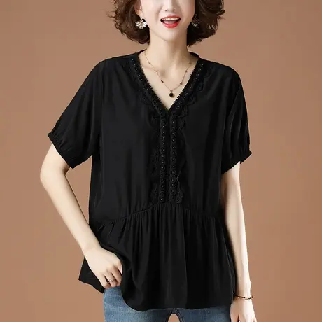 短袖t恤女夏季加肥加大码女装宽松中年妈妈洋气蕾丝拼接显瘦体恤商品大图