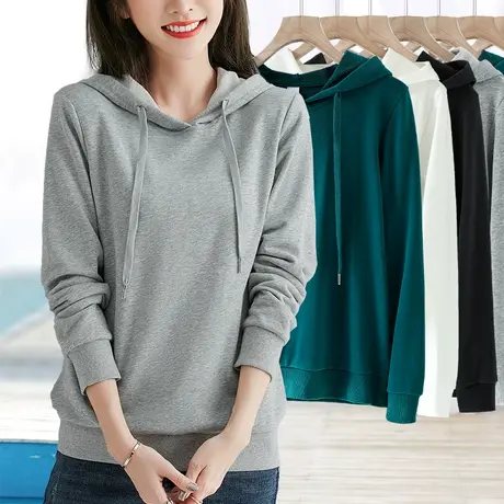 灰色修身内搭有连带戴帽子卫衣女套头常规基础款中年妈妈打底衫薄商品大图