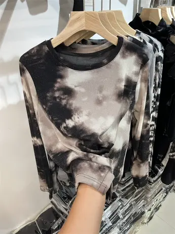 不规则晕染开叉亮丝长袖T恤女2023秋新款时尚网纱薄打底衫上衣潮商品大图