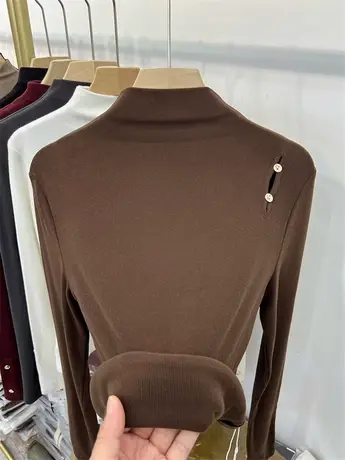 半高领纯色镂空双面绒打底衫女秋冬爆款磨毛修身露肩针织长袖上衣商品大图