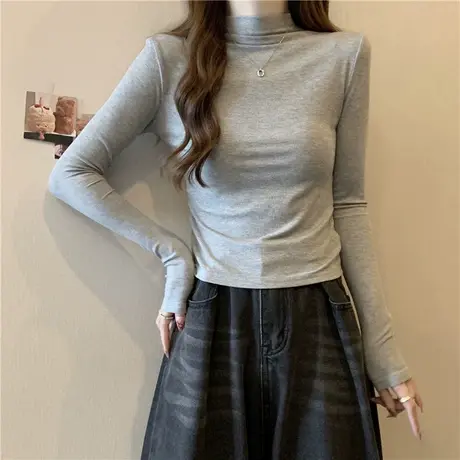 半高领褶皱打底衫女内搭加绒加厚秋冬装修身显瘦短款德绒保暖上衣商品大图