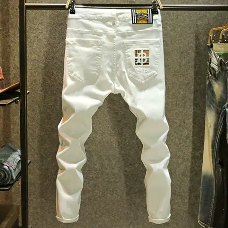 九分白色轻奢牛仔裤男款夏季薄款欧货小脚裤高端烫印修身9分裤子商品大图