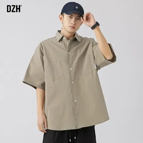 男士卡其色短袖衬衫男潮牌潮流日系男装2023新款休闲衬衣夏季薄款商品大图