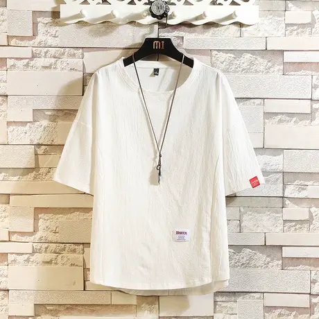 夏季薄款纯色亚麻短袖t恤男士加大码冰丝五分袖潮流胖子宽松半袖商品大图