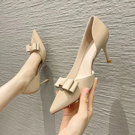 尖头蝴蝶结侧空高跟鞋女2024年新款春季法式气质女神范不累脚单鞋商品大图