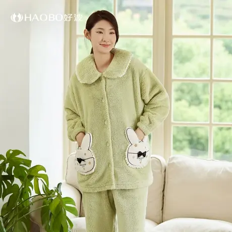 好波睡衣女翻领可爱大码家居服套装珊瑚绒时尚保暖睡衣HJR23110商品大图