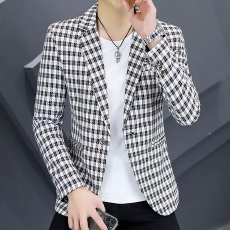 格子西装男士春秋季韩版潮流提花上衣男装撞色痞帅时尚修身小西服商品大图