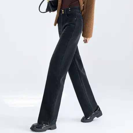 黑色加绒直筒牛仔裤女冬季2024新款秋冬女裤加厚裤子女高腰阔腿裤商品大图