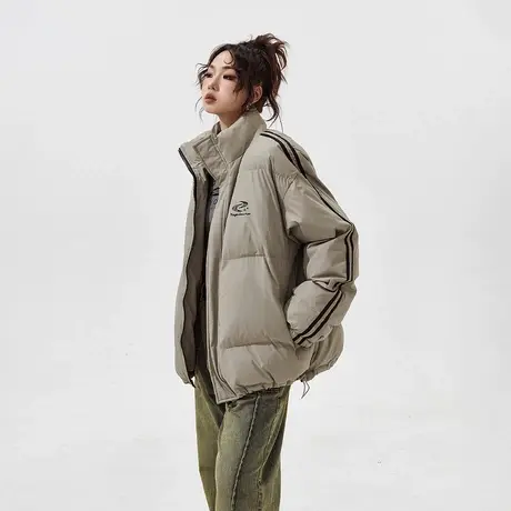 YEP美式复古棉服女加厚冬季外套2023新款条纹面包服宽松立领棉衣商品大图