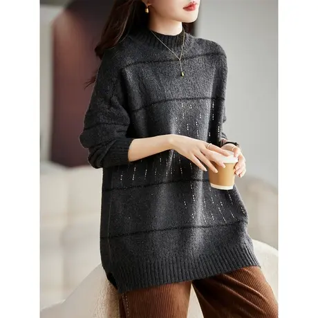 2023年秋冬新款女装时尚大码胖mm宽松显瘦圆领针织长袖毛衣女洋气图片