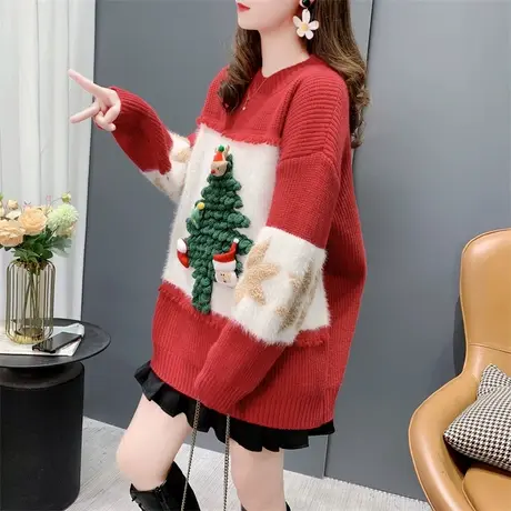 圣诞节新年红色圆领毛衣女秋冬2023年新款宽松洋气减龄针织衫上衣图片