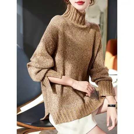 宝诗黎高领亮丝羊毛衫女春季2024新款宽松加厚内搭慵懒毛衣针织衫图片