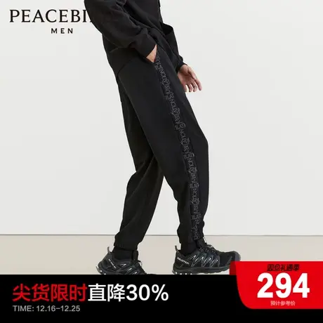 太平鸟男装 老花束脚裤男2023年冬季新款抽绳黑色运动休闲裤卫裤Y商品大图