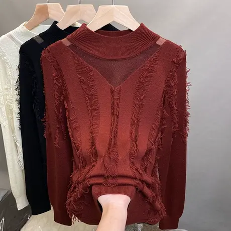 半高领毛衣女流苏打底衫2023秋冬新款套头蕾丝针织衫内搭洋气上衣商品大图