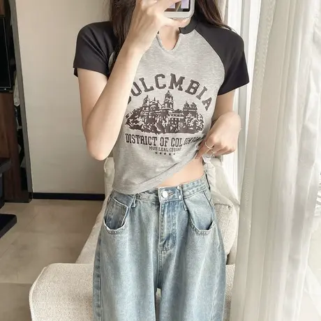 小众独特短款上衣女修身辣妹夏季高腰百搭体恤美式复古短袖t恤女商品大图