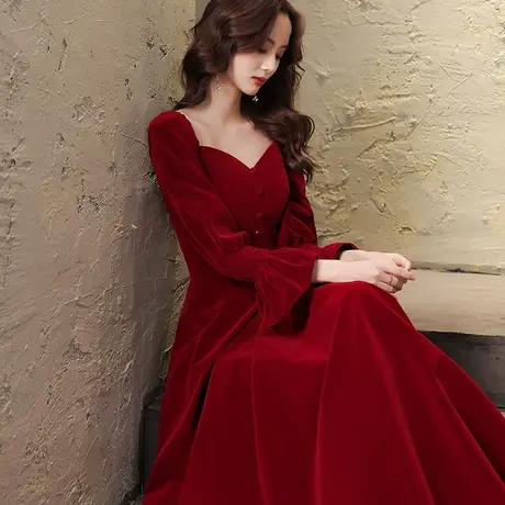丝绒敬酒服新娘2023新款秋冬季长袖V领结婚订婚回门礼服红色长款商品大图