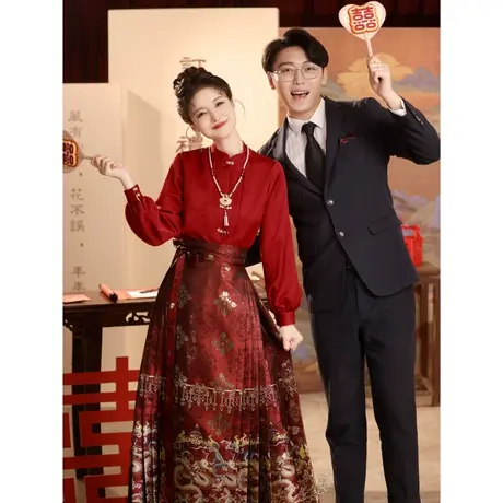 红色马面裙敬酒服2023新款新娘中式订婚礼服裙套装冬季长袖秀禾服商品大图
