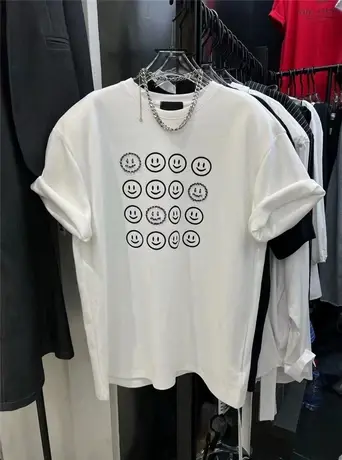 韩国东大门2024夏季新款宽松减龄笑脸印花圆领慵懒风垫肩短袖T恤商品大图