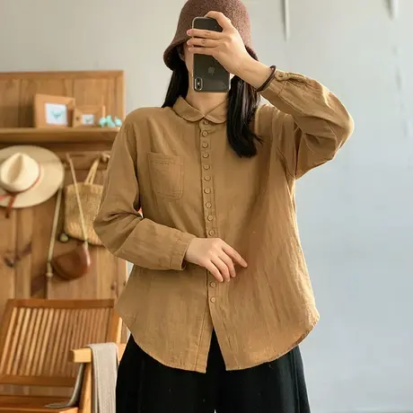 dza 复古纯色全棉单排扣口袋衬衣女春新款宽松衬衫休闲百搭短上衣图片