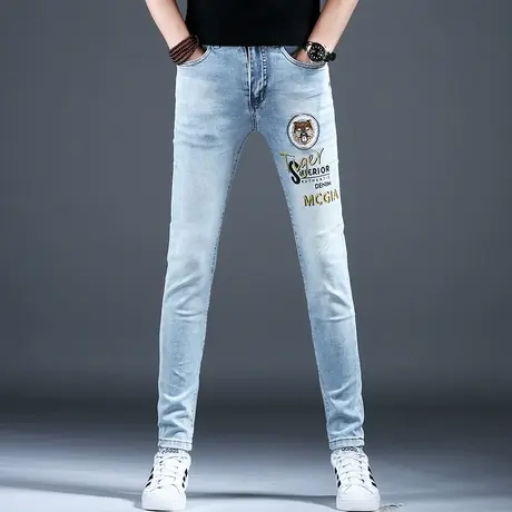 2024新款春秋男士浅色印花牛仔裤男款高档时尚弹力裤子男小脚修身商品大图