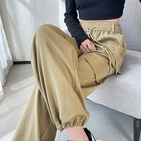 卡其色美式工装裤女春款2024新款高腰显瘦小个子阔腿运动登山裤潮图片