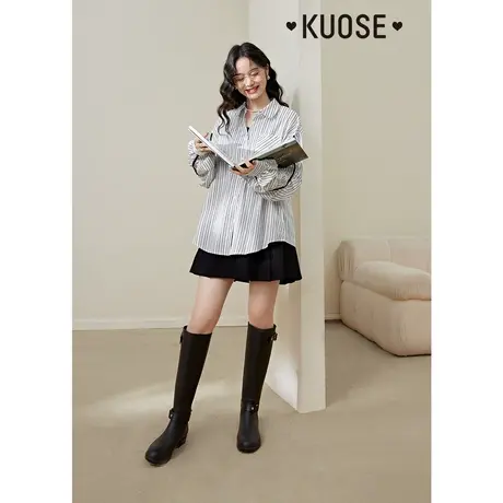 阔色黑白条纹长袖衬衫女2023秋季新款开衫衬衣宽松设计感气质上衣商品大图