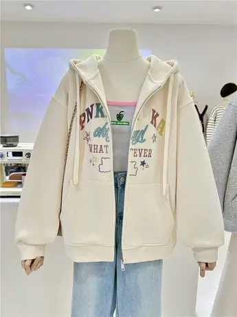 精致刺绣复古美式慵懒风港味宽松拉链连帽卫衣女帽衫外套休闲上衣商品大图