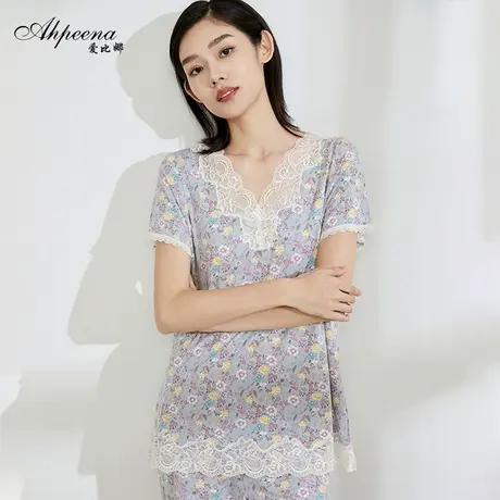 爱比娜春夏女士田园莫代尔印花睡裙薄款舒适短袖家居服7分裤套装商品大图