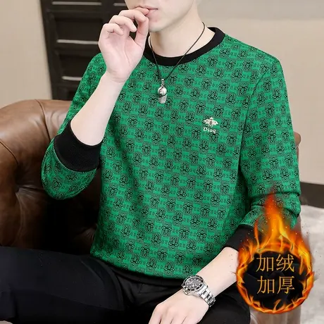 秋冬季格子加绒长袖T恤男潮流青少年学生加厚卫衣保暖秋衣打底衫商品大图