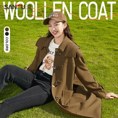 三福厚外套2022冬校园风牛角扣宽松版型中长款大衣女装460675Z图片