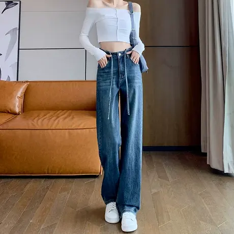 蓝色高腰阔腿牛仔裤女2024春秋季新款宽松显瘦垂感抽绳直筒拖地裤商品大图