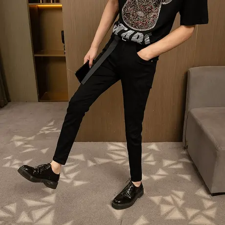 2023春夏薄款黑色9分裤青年韩版修身小脚牛仔裤男显瘦九分铅笔裤商品大图