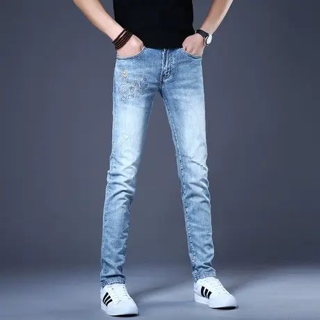 男士浅色轻奢牛仔裤男秋款男款潮牌修身小脚高端裤子休闲2023新款图片