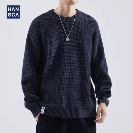 hansca纯色圆领毛衣男秋冬季2023新款内搭宽松慵懒风套头针织衫潮商品大图