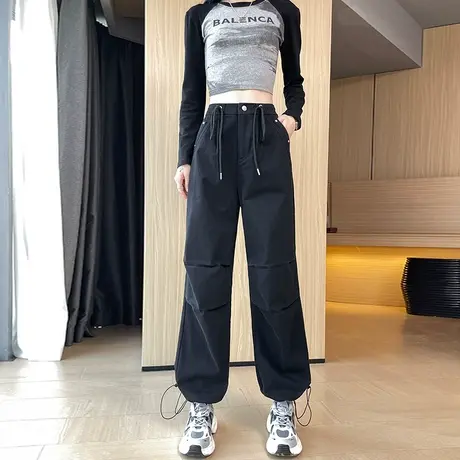 工装裤女2024春秋两穿高腰美式复古休闲宽松直筒运动阔腿束脚裤子图片