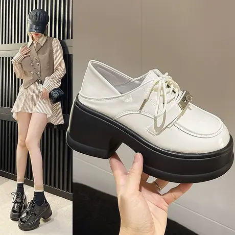 英伦风小皮鞋女2024新款女鞋春季单鞋乐福鞋女款厚底黑色高跟鞋子商品大图